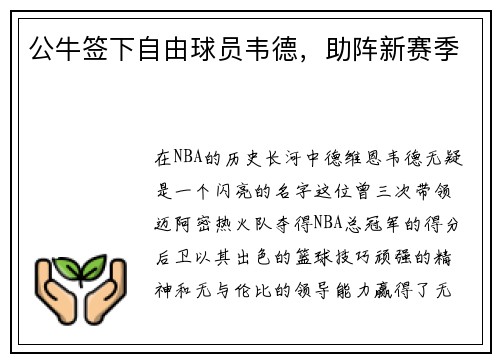 公牛签下自由球员韦德，助阵新赛季